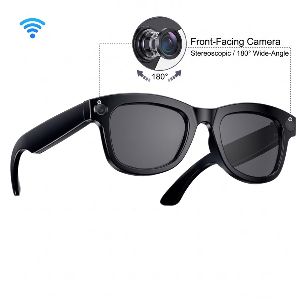 M01 AI camera glasses with dark lenses and a camera detail illustration