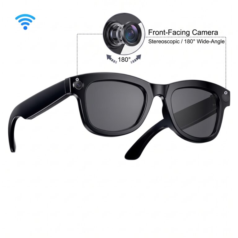 M01 AI camera glasses with dark lenses and a camera detail illustration