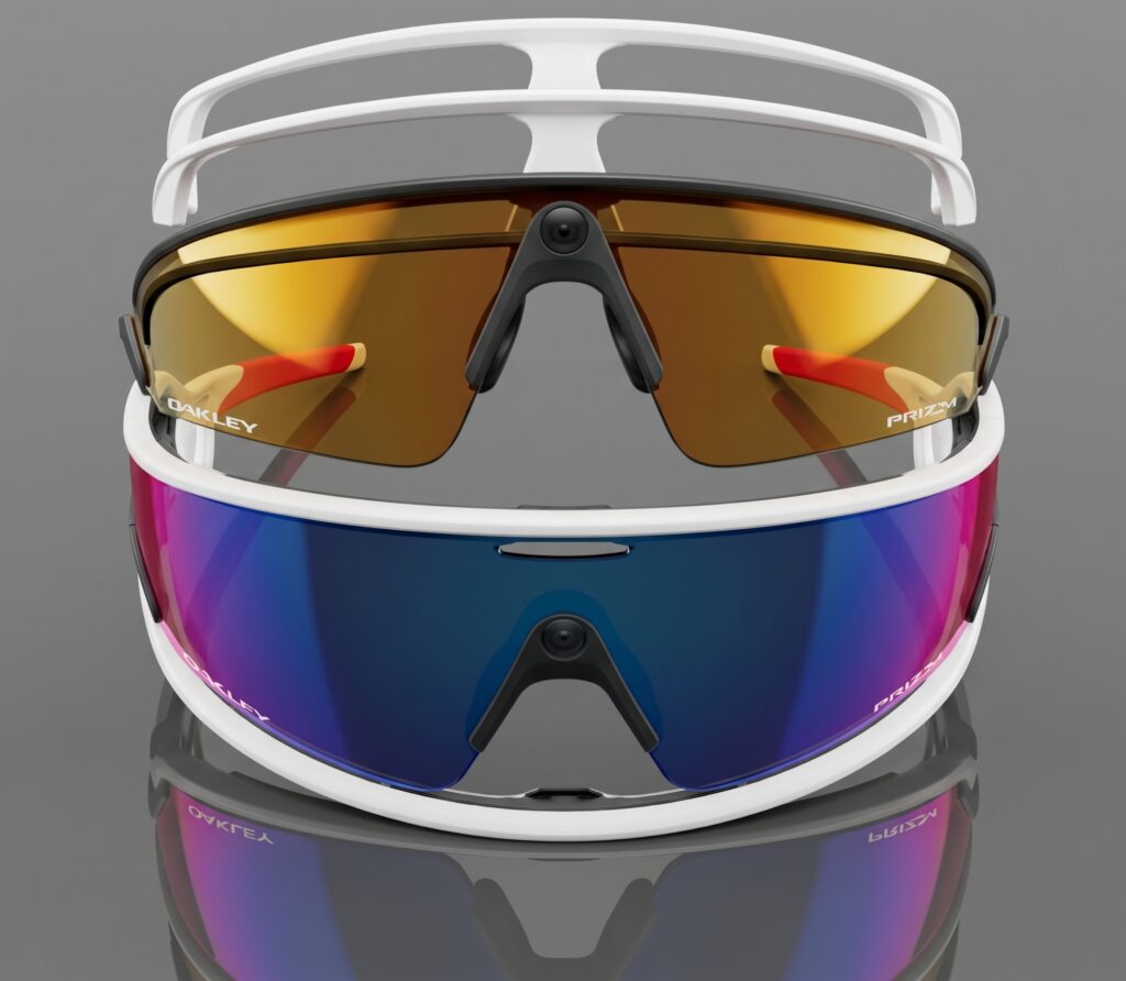 Oakley Meta sports glasses with white frames and mirrored shield lenses