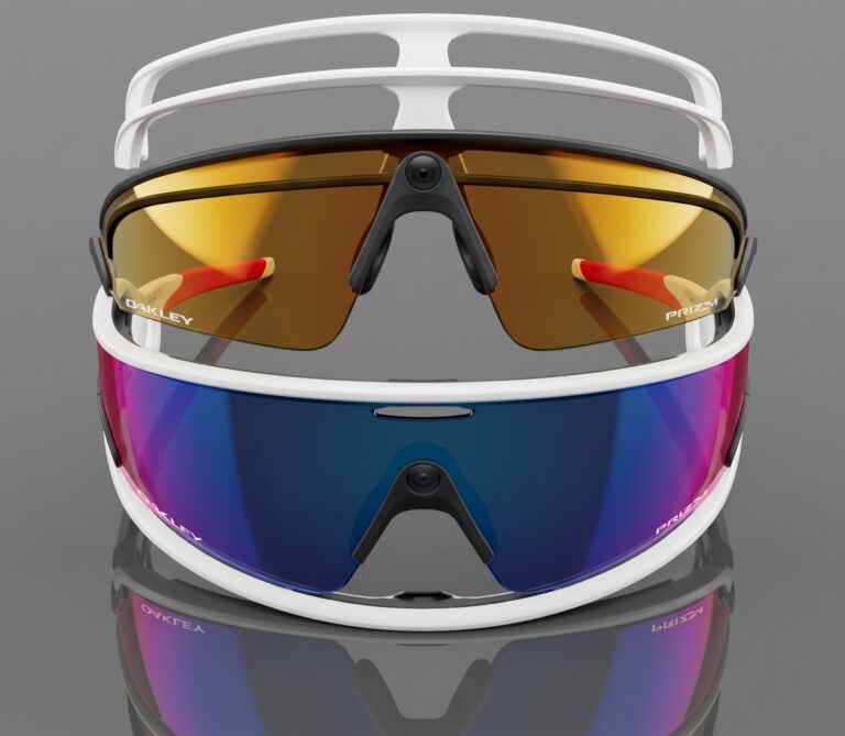 Oakley Meta sports glasses with white frames and mirrored shield lenses