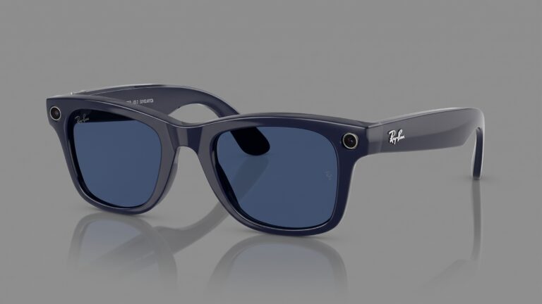 Ray-Ban Meta Wayfarer smart glasses with dark lenses, shown from a three-quarter angle